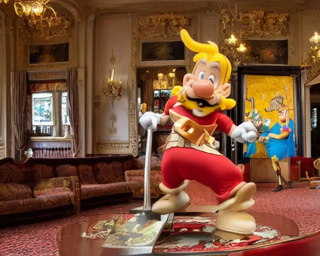 Prompt: Asterix in a complex victorian hotel interior