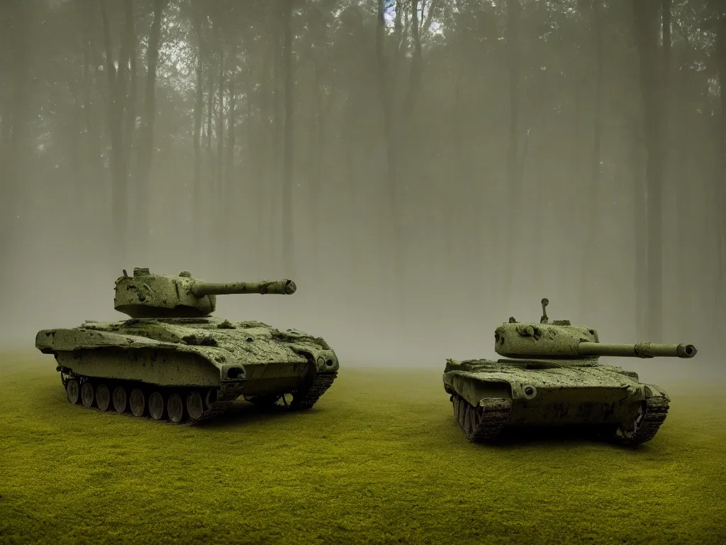 Image similar to damaged tank drives through foggy moss, realistic, tilt shift style, 4 k, ue 5, lense flair, light rays, cinematic light, by michael bay