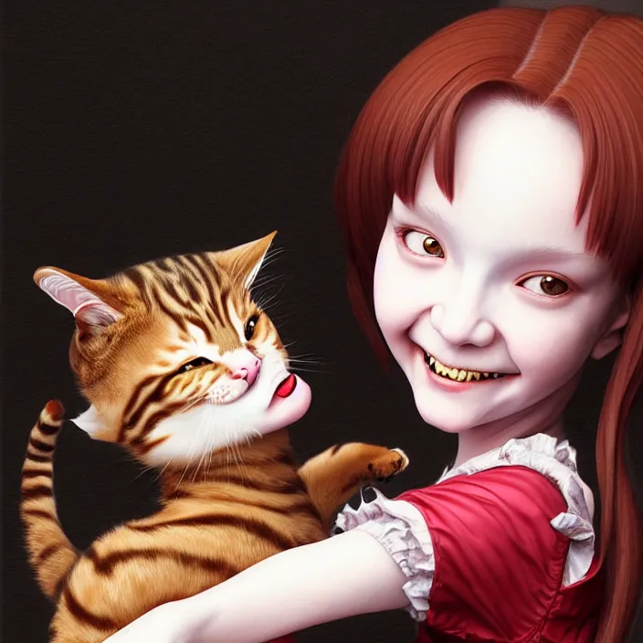 Prompt: renaissance portrait of the mischievous vampire girl loner smiling at her cat, by katsuhiro otomo, and artgerm rendered with 3 d effect.