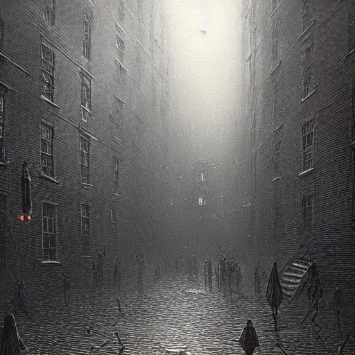 Prompt: gigantic eldritch aliens attack Victorian London. People screaming and running. Raining. Greg Rutkowski, Gustave Doré, Zdzisław Beksiński