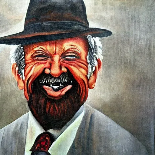 Image similar to a creepy painting of a smiling old man