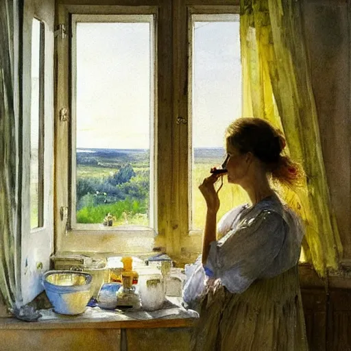 Prompt: blonde woman smoking a cigarette while looking out through the window, swedish countryside, seaview, morning, calm, watercolor painting by vladimir volegov, carl larsson, anders zorn - n 9