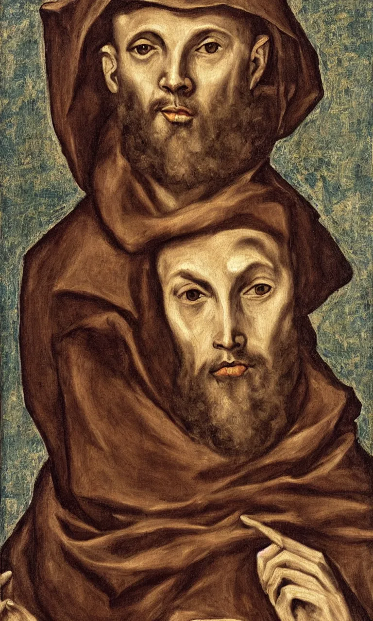 Prompt: an oil painting of Saint Francis of Assisi, half length, very detailed face, wearing brown habit and hood, by El Greco