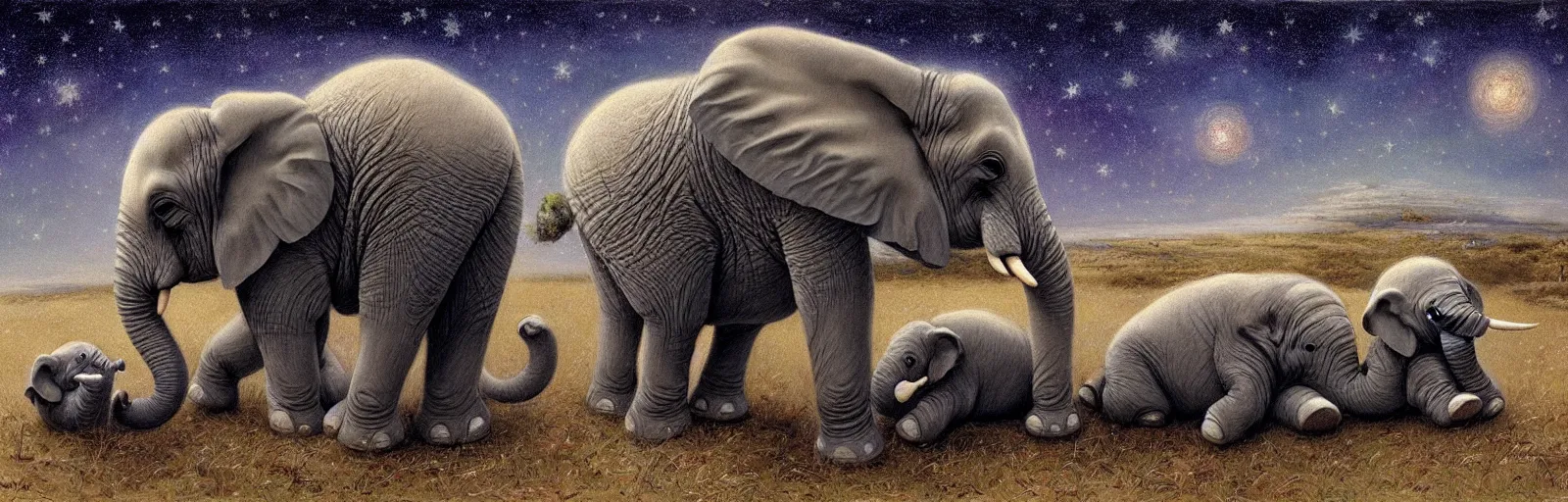 Image similar to a baby elephant sleeping soundly under a starry sky surrounded by savannah, illustration, detailed, smooth, soft, warm, by Adolf Lachman, Shaun Tan, Surrealism