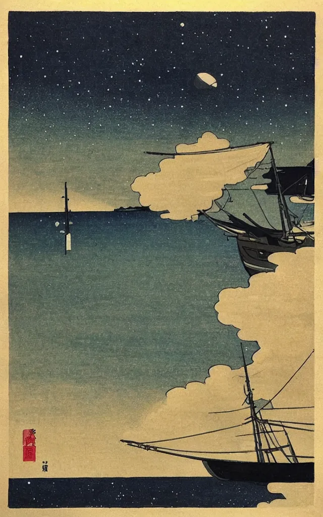 Prompt: 🖼 🌅 ⛵🌘 🌌. shin - hanga.