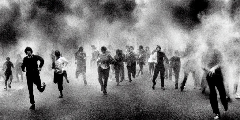 Prompt: street photo, revolution, smoke on the street, blurred thousands of people running, closeup, film photography, 1 9 8 0 s, exposed b & w photography, christopher morris photography, bruce davidson photography, peter marlow photography