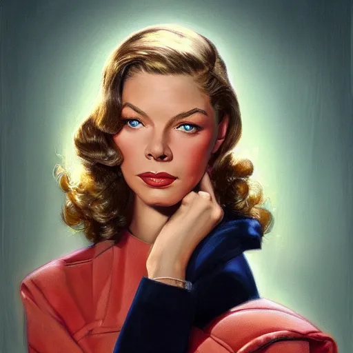 Prompt: young beautiful lauren bacall color studio publicity photo , portrait, highly detailed, digital painting, artstation, concept art, sharp focus, illustration, art , by norman rockwell