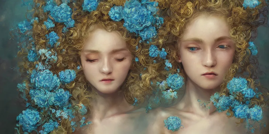 Image similar to breathtaking detailed concept art painting portrait of the hugs goddess of light blue flowers, blonde curly hair, ornate background, amalgamation of leaves and flowers, by hsiao - ron cheng, extremely moody lighting, 8 k