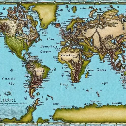 Prompt: fantasy map, highly detailed, many continents, oceans.
