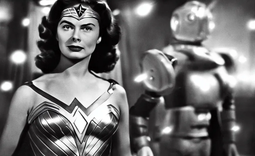 Image similar to ingrid bergman as wonder woman in a scene from the 1 9 4 8 film'wonder woman versus the robots '. film noir. action. beautiful. powerful. depth of field. publicity photograph. bokeh.