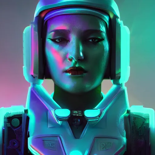 Image similar to cyberpunk concept cool warrior girl bot, cinema 4 d, galaxy, ufo, space sci - fi, wearing vr goggles, illustration, portrait, pastel neon textured background night, trending on artstation, greg rutkowski, octane rendered, 1 2 k, detailed,