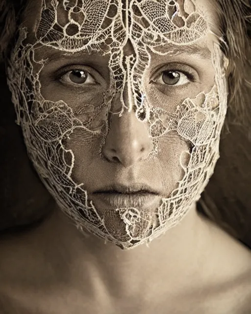 Prompt: close up of a woman's face, made of intricate decorative lace leaf skeleton, in the style of the dutch masters and gregory crewdson, dark and moody