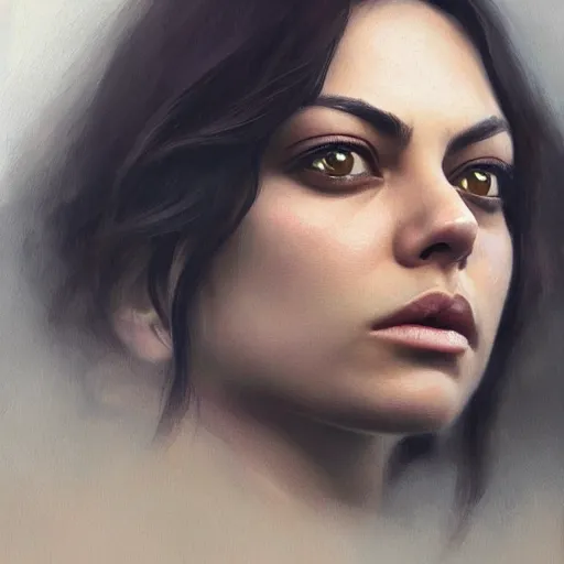 Image similar to mila kunis closeup portrait, dramatic light, lake background, 2 0 0 mm focal length, painted by stanley lau, painted by greg rutkowski, painted by stanley artgerm, digital art, trending on artstation