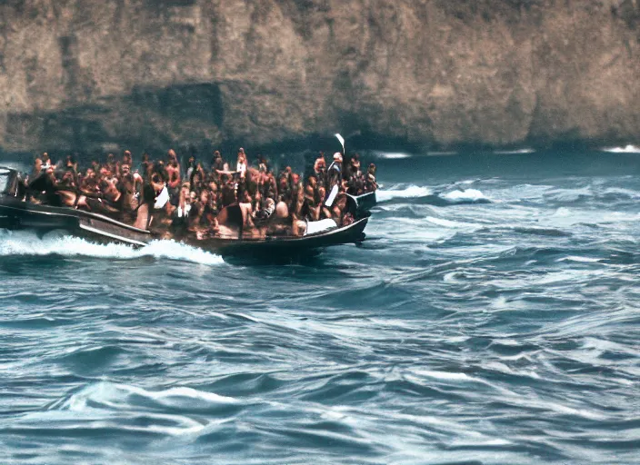 Image similar to photo of viking women in speed boats hunting surfers, fujifilm velvia 5 0