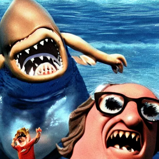 Prompt: jaws poster in the style of celebrity deathmatch, claymation, clay, vivid color, depth of field, Spielberg