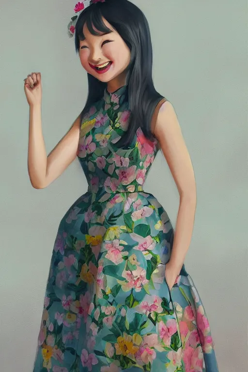 Image similar to a painting of cute Asian girl smiling, Gabbana dress, in the style of Pixar animation, low angle view, 16mm lens, award winning, hyper detailed, dramatic lighting, artstation, octane renderer, unreal engine