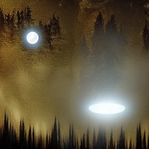 Image similar to oval shaped ufo with ethereal glow, hovering over a forest, large moon, night time, bigfoot