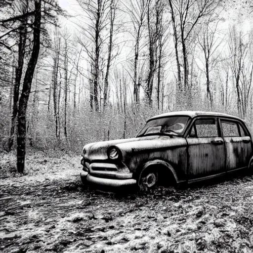 Image similar to rusty sedan in winter forest, greyscale, Polaroid, editoral image