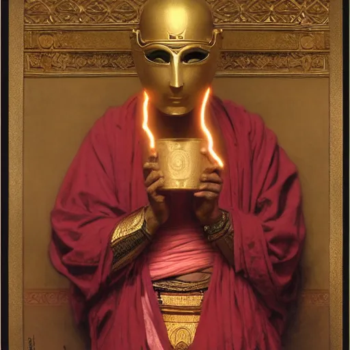 Prompt: orientalist portrait of a sage wearing a golden mask casting a glowing lightning magic spell in a sandstone temple intricate portrait by john william waterhouse and Edwin Longsden Long and Theodore Ralli and William-Adolphe Bouguereau, very coherent symmetrical artwork. Cinematic, hyper realism, high detail 8k