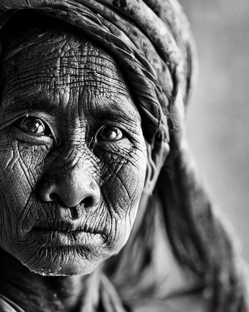 Image similar to Award winning Portrait photo of a Native Myanmarese with hyper-detailed hair and beautiful eyes wearing traditional garb by Lee Jeffries, 85mm ND 5, perfect lighting, gelatin silver process