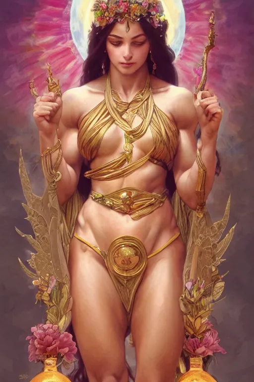 Image similar to goddess of love and peace, accurate anatomy, only two hands, highly detailed, digital painting, artstation, concept art, smooth, sharp focus, illustration, Unreal Engine 5, 8K, art by artgerm and greg rutkowski and alphonse mucha and IFBB pro fitness photograph