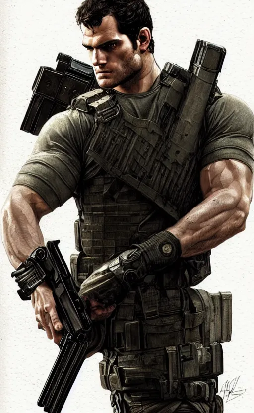 Image similar to portrait of henry cavill as chris redfield, resident evil, pistol, upper body, henry cavill!!!, fantasy, intricate, elegant, highly detailed, digital painting, artstation, concept art, smooth, sharp focus, illustration, art by artgerm and greg rutkowski and alphonse mucha