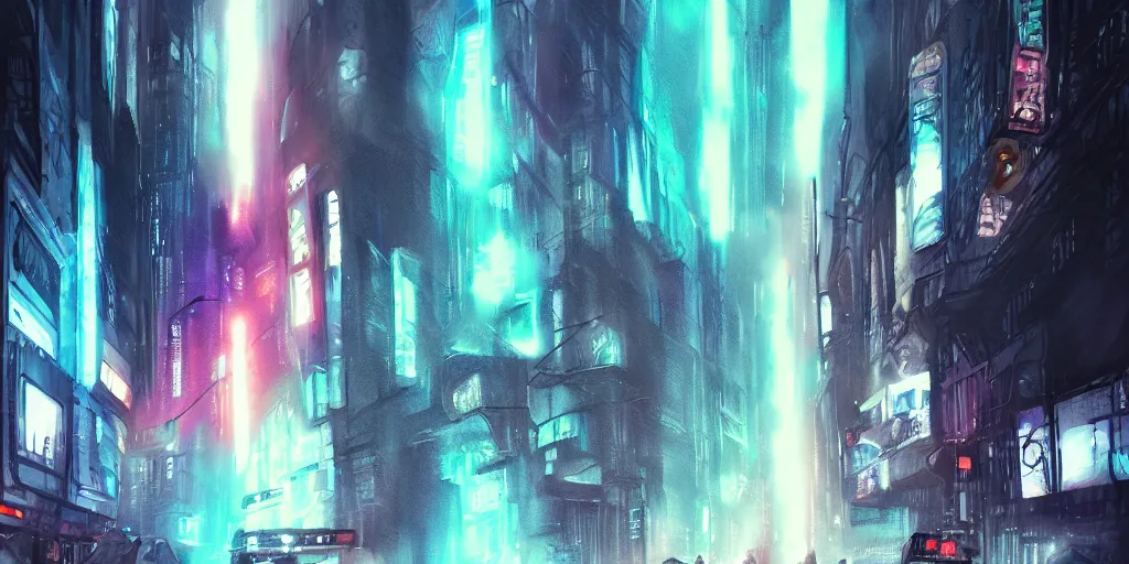 Image similar to warp speed concept art blade runner 2049 tron neon night alleyway diffusion clouds mist New York cityscape helium 44-2 watercolor artstation digital art 8k