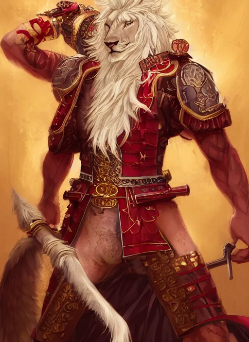 Prompt: aesthetic portrait commission of a of a male fully furry muscular anthro albino lion wearing wet heavy red and gold royal samurai full armor in a flooded vintage Japanese town. Character design by charlie bowater, ross tran, artgerm, and makoto shinkai, detailed, inked, western comic book art, award winning film poster painting