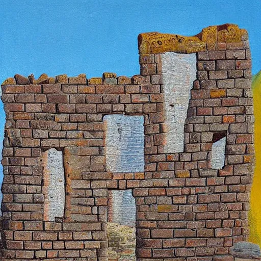 Prompt: a vivid surrealist painting of a melting, gooey, stone ruin, the walls are wavy and slowly melting under the heat of the sun. made of melting bricks on a hill in the mountains and forest on a scorching hot day, in the style of dali