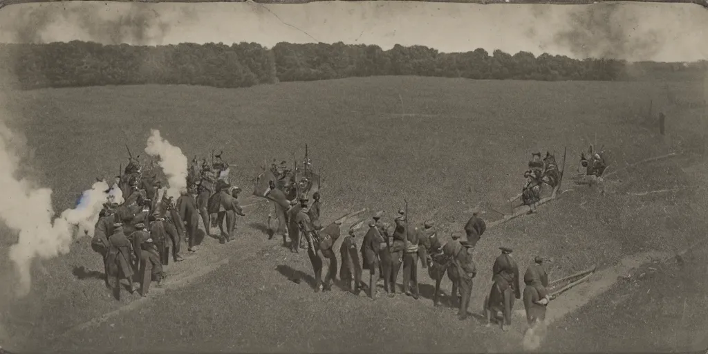 Prompt: american civil war tench battle, long trenches in the ground, musket shots fired, puffs of smoke, aerial view, tintype photograph