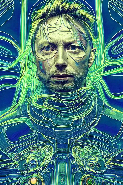 Image similar to A portrait of Thom Yorke as a cyberpunk, iridescent highlights, surrounded by digital swirls, highly detailed, intricate, soft, sci-fi, sharp focus, glowing lines, art by Moebius, Alphonse Mucha