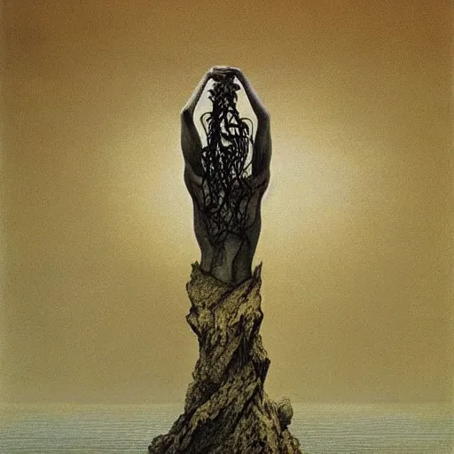 Image similar to by zdzisław beksinski, by ivan albright lifelike, accurate. a beautiful experimental art of a human - like creature with long, stringy hair. the figure has no eyes, only a mouth with long, sharp teeth. the creature is standing on a cliff overlooking a dark, foreboding sea.