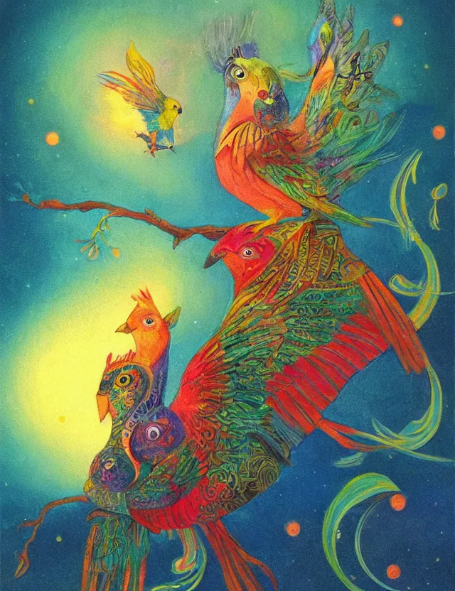 Prompt: bird god of song and starlight. this pastel painting by the beloved children's book illustrator has interesting color contrasts, plenty of details and impeccable lighting.