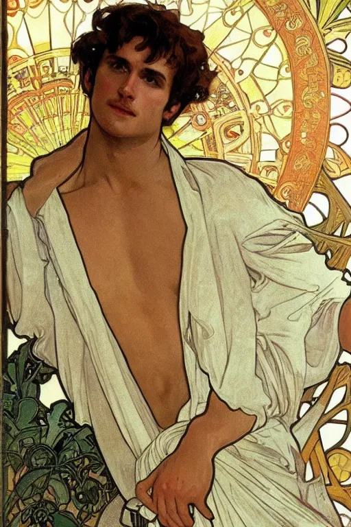 Prompt: herry cavill, attractive male, painting by alphonse mucha