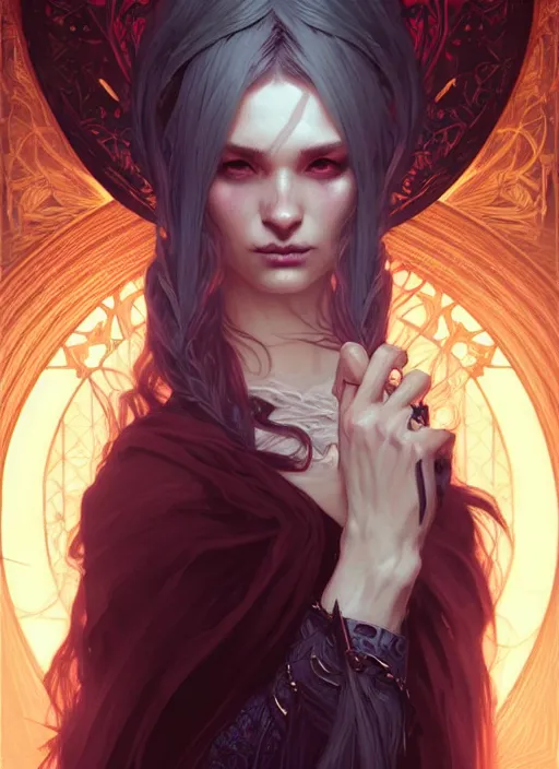 Image similar to Necromancer Sorceress, fantasy magic, undercut hairstyle, dark light night, intricate, elegant, sharp focus, illustration, highly detailed, digital painting, concept art, matte, art by WLOP and Artgerm and Greg Rutkowski and Alphonse Mucha, masterpiece