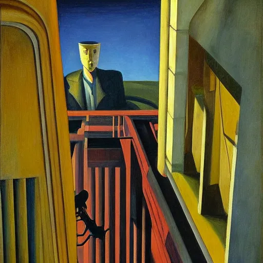 Prompt: view from bottom of a shaft looking up, robot overlords peering down, pj crook, edward hopper, oil on canvas