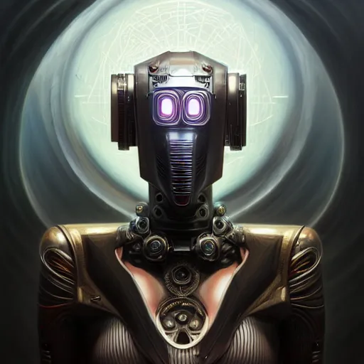 Image similar to front shot of a cyberpunk gazmask robot character, intricate, elegant, highly detailed, centered, digital painting, artstation, concept art, smooth, sharp focus, illustration, artgerm, Tomasz Alen Kopera, Peter Mohrbacher, donato giancola, Joseph Christian Leyendecker, WLOP, Boris Vallejo