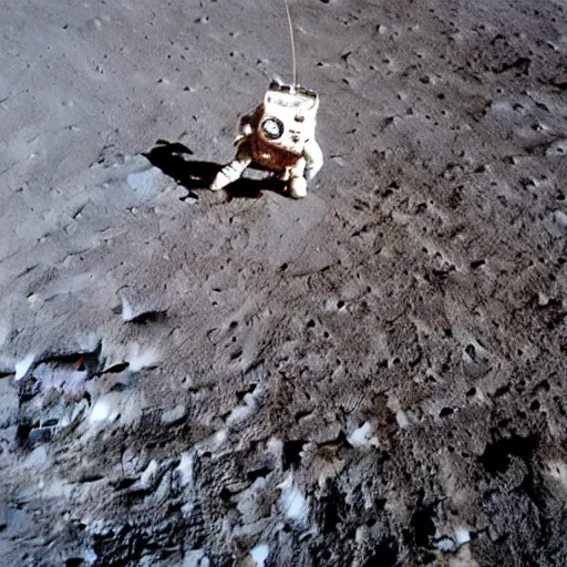 Prompt: “ a photo of an astronaut on the moon without his helmet, eating garlic bread, with knife and fork. | red tablecloth | earth in background | grey moon craters | 1 9 6 9 apollo 1 1 landing | 1 2 0 mm wide shot | clear details ”