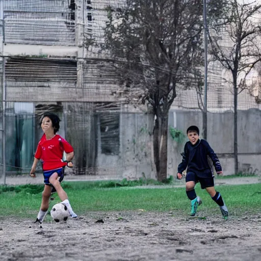 Prompt: kids playing soccer in abandoned city