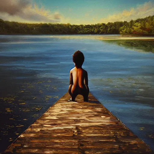 Prompt: a black nypmh chilling on a lake, realistic painting