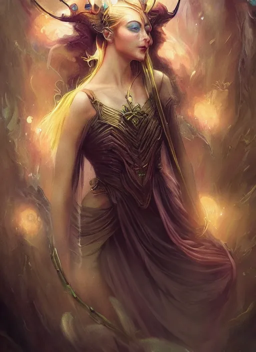 Prompt: tarot!!, fairy queen, fantasy medieval, no noise, elegant, concept art, sharp focus, beautiful face!!, digital art, smooth defined outlines!!, by Brom, Guangjian Huang, trending on Artstation, Tom Bagshaw, Sargent
