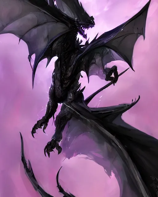 Prompt: concept art of a black dragon with purple neon wings, highly detailed painting by dustin nguyen, akihiko yoshida, greg tocchini, 4 k, trending on artstation, 8 k