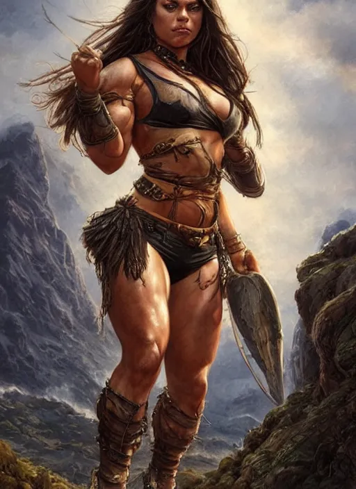 Image similar to exhausted Mila Kunis as a very muscled rugged looking Amazon, dirty, sweating, intricate, elegant, highly detailed, artstation, concept art, sharp focus, art by artgerm and donato giancola and Joseph Christian Leyendecker, WLOP