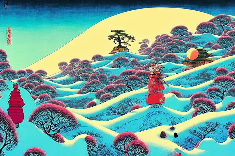 Image similar to surreal glimpse into other universe, himalaya with snow ice cream, summer morning, very coherent and colorful high contrast, art by!!!! gediminas pranckevicius!!!!, geof darrow, floralpunk ukiyo - e woodblock, dark shadows, hard lighting