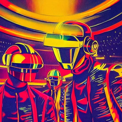 Image similar to painting of Daft Punk dancing on the stage in front of the crowd, colorful lights, illustration, artistic, hyper detailed,