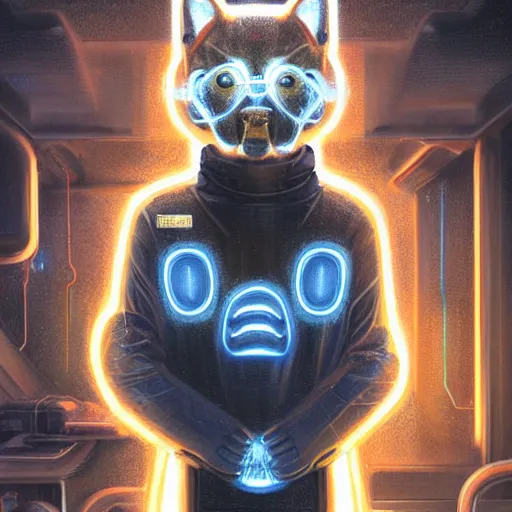 Image similar to tesla power armor realistic cyborg anthropomorphic shiba inu scifi kirlian photography electric field glowing, cyberpunk x - ray, portrait art by donato giancola and greg rutkowski, realistic face, x - ray fields glowing in tesla electricity visible magnetic field, digital art, trending on artstation, symmetry