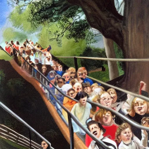 Image similar to painting of albert einstein going down a large slide in a public park with many children, by caspar david