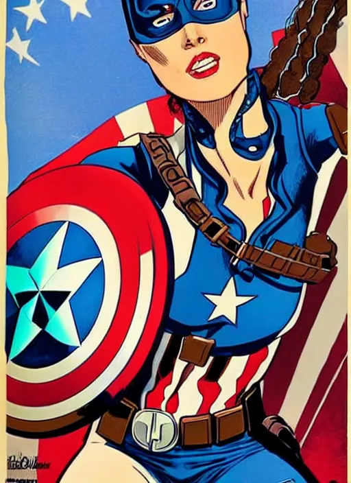 Prompt: beautiful female captain america fighting hitler. feminist captain america wins. american wwii propaganda poster by james gurney and pixar. gorgeous face. long braids. overwatch.