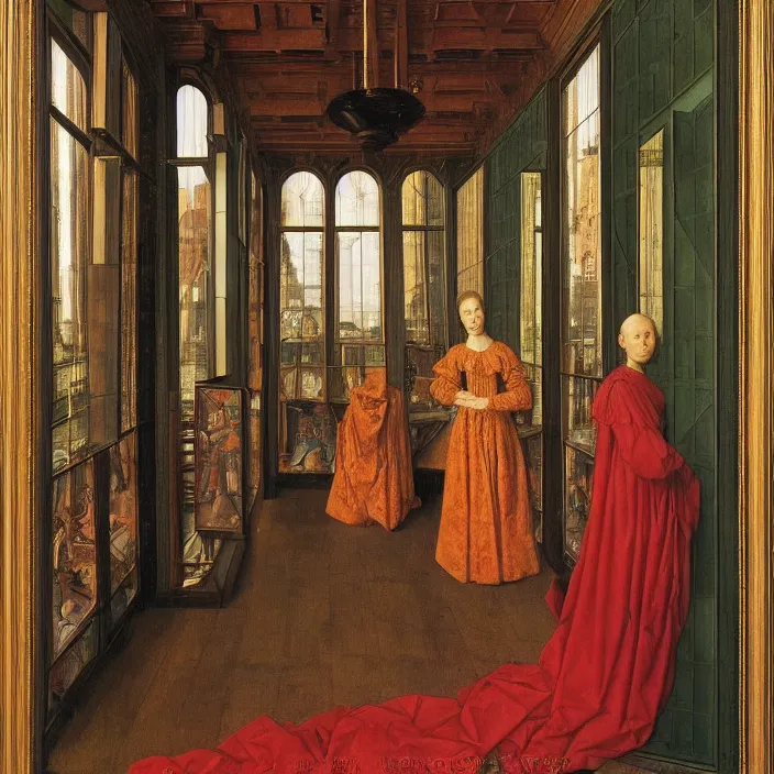 Image similar to a beautiful woman in a hall of mirrors, by Jan van Eyck