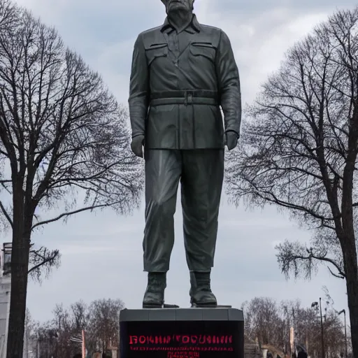 Image similar to soviet monument to donald trump, hyper real, 8 k, dystopian lighting, dusk